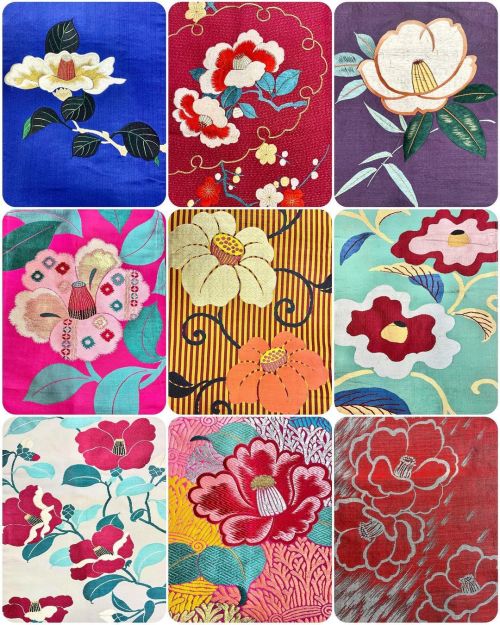 Various closeups of Nagoya obi with camellia motifs.Kimono Hazuki