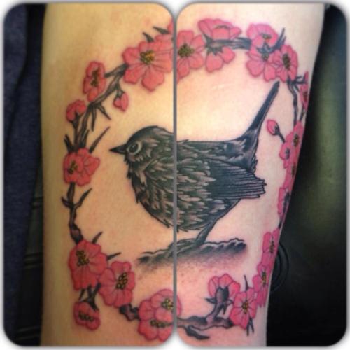 fuckyeahtattoos: Freshly tattooed blackbird in a frame of cherry blossoms - a dedication to my secon