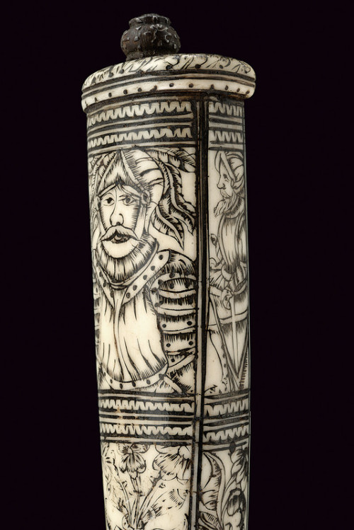 art-of-swords:  Engraved DaggerDated: 17th  centuryCulture: GermanMeasurements: overall length 51.5cmThe dagger has a straight, flame-shaped blade, on a side a strong raiser worked with woven chiselling, and the tip shaped as an arrow. The quillon is