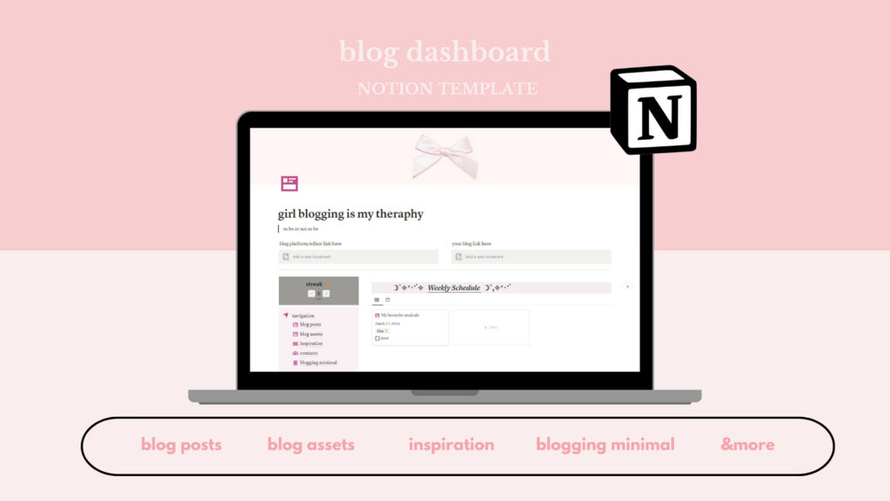 Notion Blogging Template | Girl-Blogging Notion Template | Pink Coquette Aesthetic | Blogging 