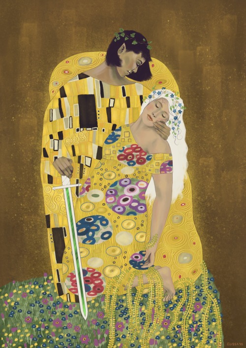 A painting of Fia and Irina from Eldermourne, based on Gustav Klimt’s The Kiss (1907-1908). I 