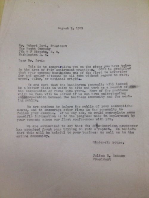 DC CORE Gets Real Gangster With The Hecht Company About Hiring Discrimination, 1961.
