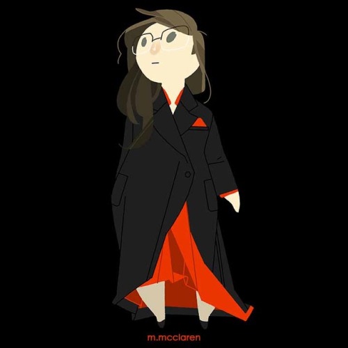 [Description a cartoon of myself, wearing a long black dress with red as a trim and interior.]