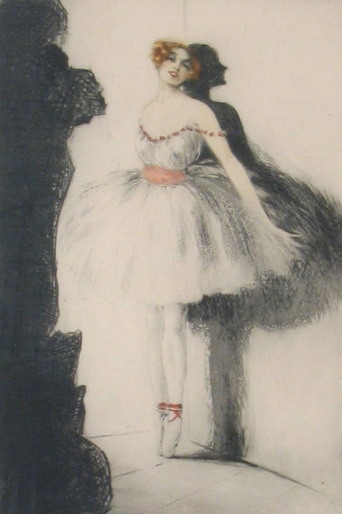Ballerina in the Wings (1925). Louis Icart (French, 1888-1950). Dry point etching.Icart’s etch
