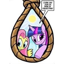 A digital drawing of a noose with Fluttershy and Twilight Sparkle from My Little Pony appearing to be talking to the viewer from inside of it, Equestria's open sky and the sun sun seen behind them in an otherwise blank white background. Twilight is reaching her hand out towards the viewer and smiling while saying "Come on! Join us here in Equestria!"