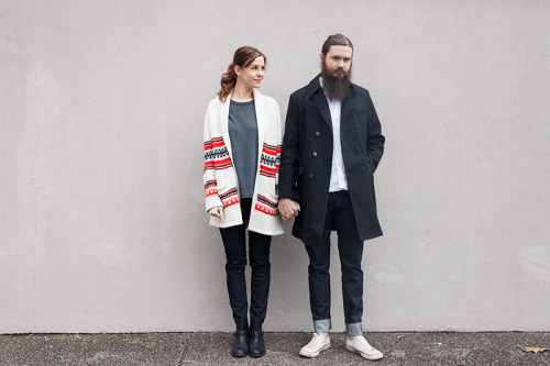 the-streetstyle:  WORN / HIS & HERS (via bleubirdblog)Worn / On him: Peacoat, Billy Reid. Button down shirt, Billy Reid. Jeans, Imogene + Willie. Ring, David Yurman. Shoes, Converse. On  Her: Cardigan sweater, vintage. My husband’s t-shirt, Imogene