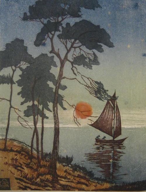 amare-habeo: Wilhelm Schmidt-Hild (German, 1880-1958) Sailboat at Sunset, 1930 Color woodcut, 27,9 x