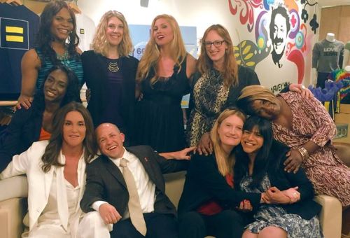 “Caitlyn Jenner and friends visit HRC. From HRC: Alison Gill, Jay Brown, Laya Monarez, Angelica Ross