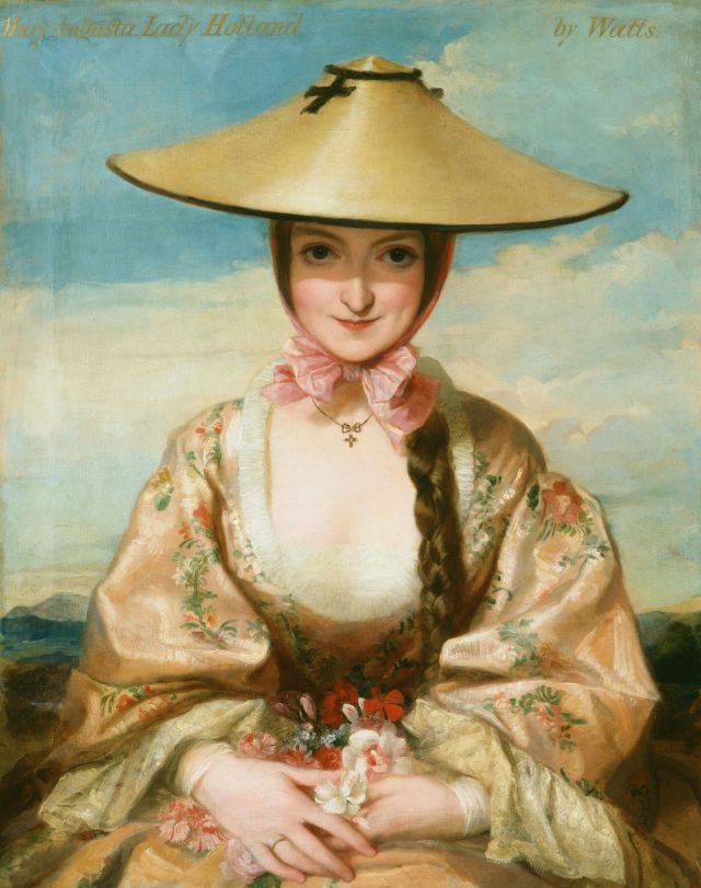 Half-length portrait of Lady Augusta Holland (1812-89), seated, facing the front, wearing a salmon pink dress with a floral pattern, a wide brimmed straw hat tied with a pink bow under her chin, her hands clasped in her lap with some red and pink flowers, landscape background.Source #George Frederic Watts  #Mary Augusta Fox #lady holland #the royal collection #victorian era#victorian