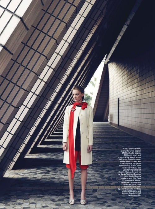 Claudia Wilkinson with architecture in “Postcards from Hong Kong” for Marie Claire Austr