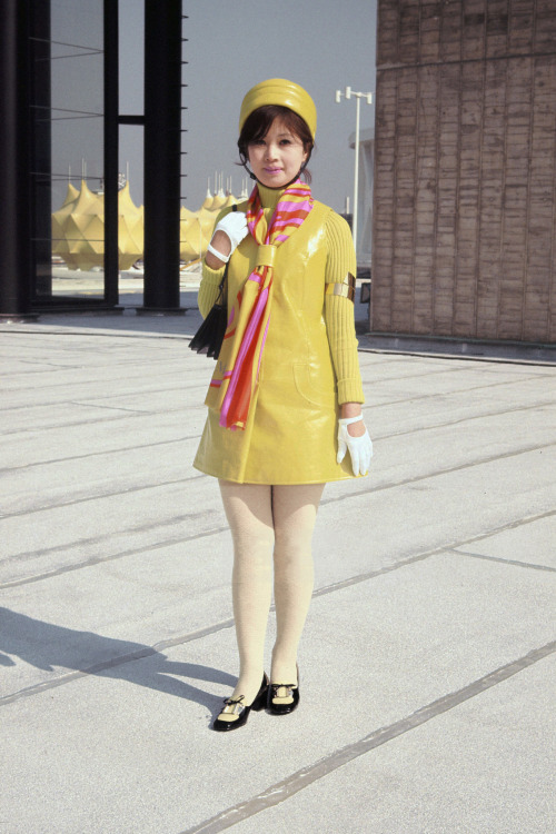 Hostesses of Japanese Pavilions pose for photographs during the Expo ‘70 preparation on Februa