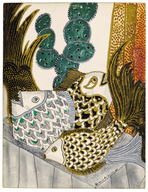 ochyming: SIMON LISSIM  1900-1981  GOLDFISH, 1935 ink, gouache, gold and silver paint and 