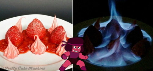 prettycakemachine: This week I’ve got two recipes for my Steven Universe series: Ruby and Sapphire! They are Sapphire’s Blueberry Quark Sundae & Ruby’s Strawberry Pink Peppercorn Flambé! The recipes for both are here. 