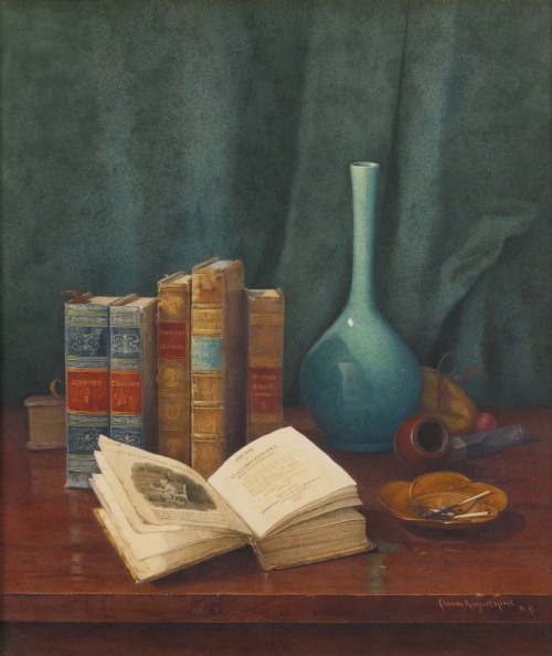 pintoras:Claude Raguet Hirst (American, 1855 - 1942): Still life with “Poems by Cowper” (via Sotheby