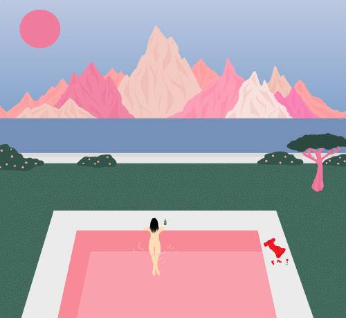 lazybonesillustrations:  Poolside Views (Version 2), Drawn with Microsoft Paint  A drawing about when you leave the party to be alone for a bit.  By Miranda Lorikeet//SHOP PRINTS HEREPoolside Views was one of the first MS Paint drawings I did in back