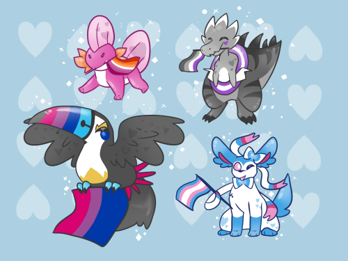 Starting off pride month with shinys that look like pride flags.Mudkip is lesbian, Toucannon is bi, 