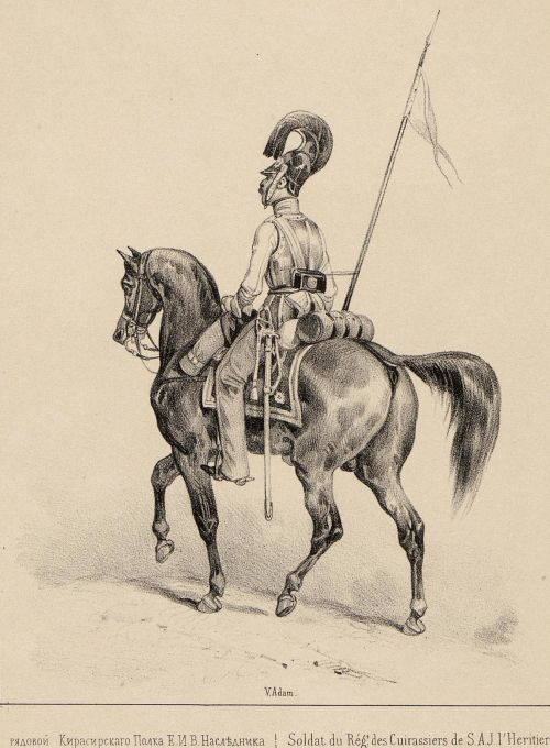 Private of His Imperial Highness the Heir’s Cuirassier Regiment, 1830s, Russia, plates by Jean