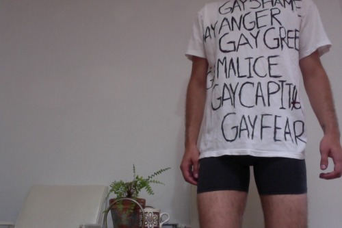 mapsofcanadiana:getting my pride outfit(s) together. reads: gayshame/gayganger/gaygreed/gaymalice/ga