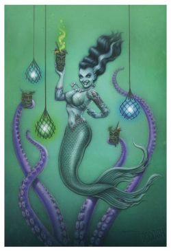 retro-a-go-go:  Frankenstein’s mermaid. You didn’t know that the good doctor got around to even more creative work than the monster. Now you do. The original art is SOLD.  http://pgosh.com/main.php?mod=view-images-detail&amp;images_id=43