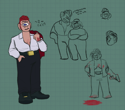 a colored fullbody and collection of sketches of a butch cyclops with a maroon pompadour and sideburns, light skin and blue eye, dressed in formal wear and holding a red coat over his shoulder, and a note says he is about 2 meters tall, or about 6 feet 7 inches. the doodles are: him teasing his younger sister Sunny, a shorter cyclops, with text pointing to him that says "embarrassing doting big sib"; two doodles of his face, one a simplified style and one the sketchy style of the rest of the drawing; and a doodle of him with a gun and covered in blood, looking angry.
