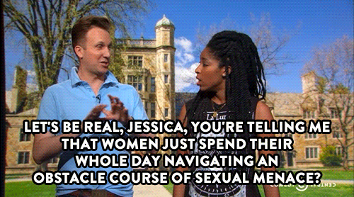 cautiouslybodacious:  comedycentral:  Click here to watch more of Jordan Klepper and Jessica Williams’s safety tips for college students from last night’s Daily Show.  OMG YES I WAS LOOKING FOR THE GIF FOR THIS 