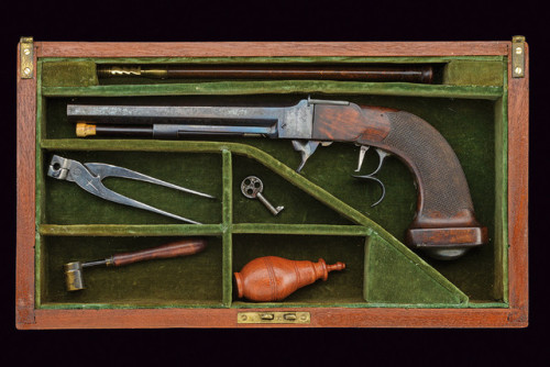 Cased percussion underhammer pistol from Bordeaux, France, mid 19th century.from Czerny’s Inte