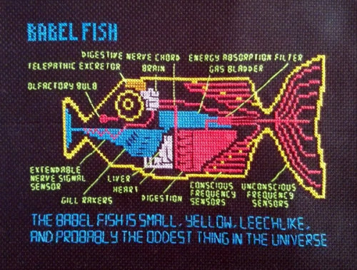 craftybitsandbobs:This pattern is the Babel Fish entry from Douglas Adams’ ‘The Hitchhiker’s Guide t