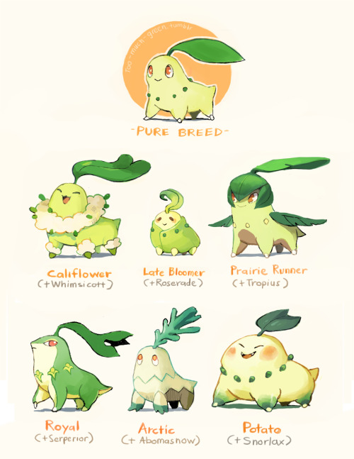 qknc:  too-much-green:  I finally gave in and did one of those cool pokemon variations going around \o/ I picked Chikorita (my radish baby) for mine and it’s based on different parents, mainly the father! I’ve always liked the idea that when breeding