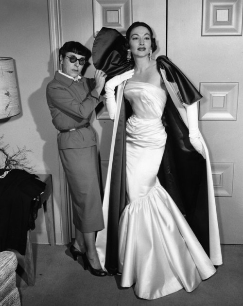 Fabulous photo of Edith Head & model, 1955.