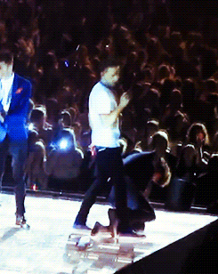 1dxrated:  zarryaremine:  x  Liam hit him in the balls at the O2 as well and he had to take a breather on the side. Poor thing, haha. WHY would you throw a SHOE at the stage though? 