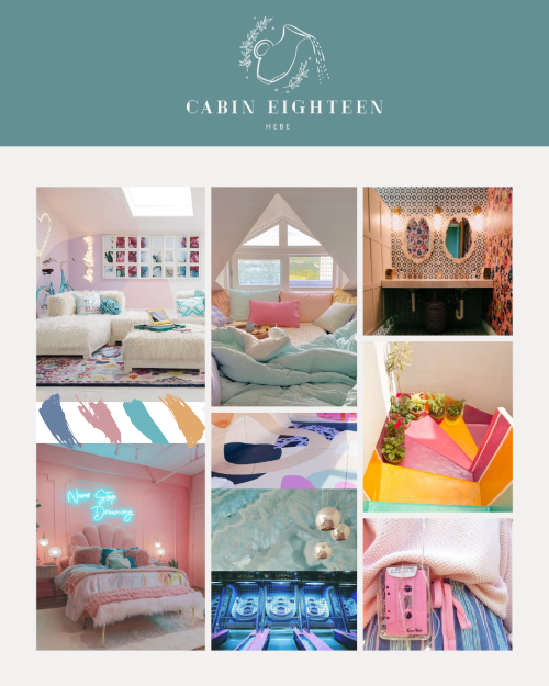 rhoxana: Camp Half Blood Reimagined ⋈ Cabin 18 (Hebe)  Cabin Design Moodboard A vibrant and fun cabi