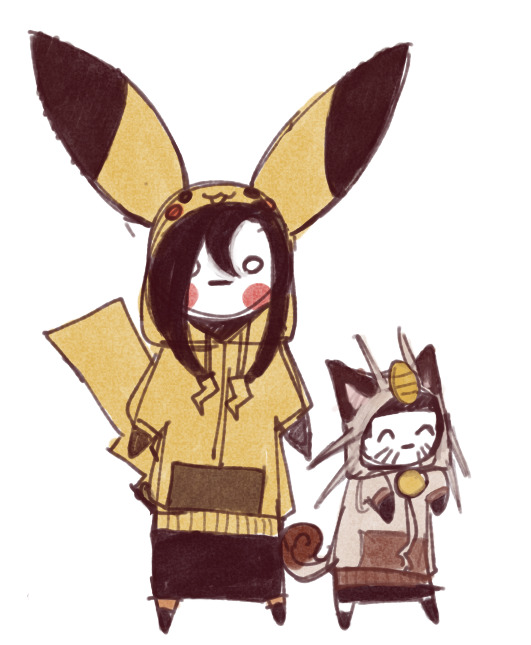 a doodle of falke and adler in pokemon hoodies, falke is dressed as a pikachu and adler is a meowth!