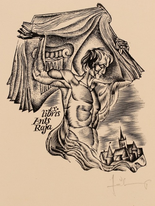 Ants Raja bookplate (1984). Artist: Lembit Löhmus.A man in classical robes holds up high a large boo