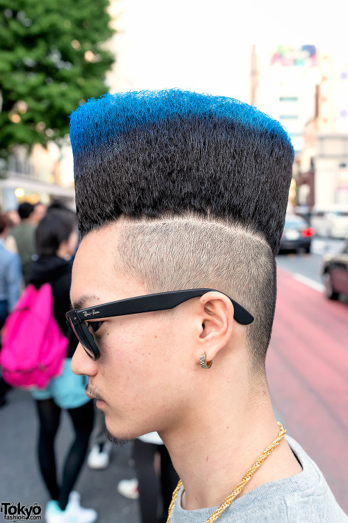 Blue-tipped hi-top fade on the street in Harajuku. Judging by the hair, this guy is likely a fan of 