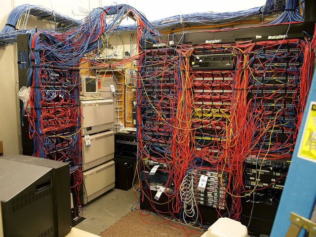 a few server racks with red, yellow, and blue cables stretching across them, visually similar to anatomical diagrams of the human vascular system.