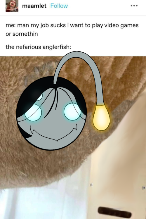 an altered version of the "nefarious anglerfish" tumblr post from @/maamlet. the white cat has been edited out of the photo, and replaced by a drawing of sebastian solace from the roblox game "pressure".