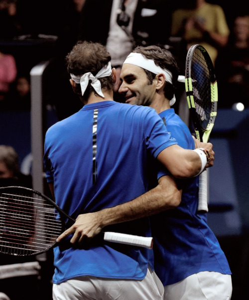 oliviergiroudd:Roger Federer and Rafael Nadal of Team Europe celebrate winning match point during th