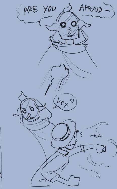 [image description: sketchy comics of a one piece taz AU. 1. Nami gestures Luffy and Zoro over in a 