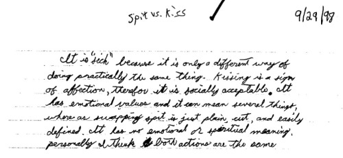 It is “sick” because it is only a different way of doing practically the same thing. Kissing is a sign of affection, therefore it is socially acceptable. It has emotional value and it can mean several things, whereas swapping spit is just plain cut, and easily defined. It has no emotional or spiritual meaning. Personally I think both actions are the same.