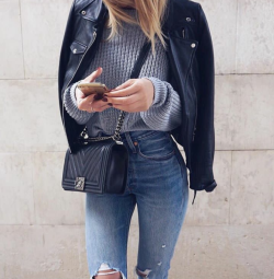 classy-lovely:  Black Leather Jacket  Sweater 