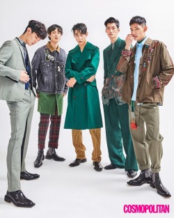 stylekorea:Jin Park (Park Kyeong Jin ), Kevin Sun,  Jeon Jun Young,  Jung Yong Soo, and Park Hyeong Seop for Cosmopolitan Korea May 2018. Photographed by Jung Ji Eun