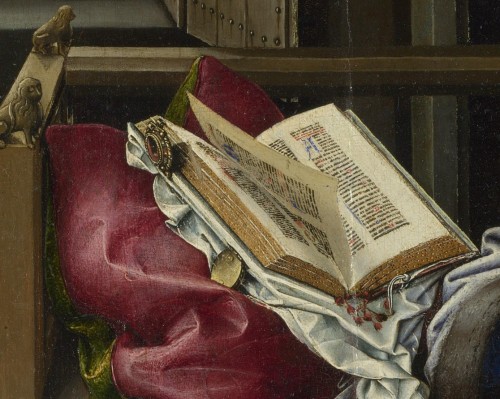 koredzas:Follower of Robert Campin - The Virgin and Child before a Firescreen. Detail. 1440