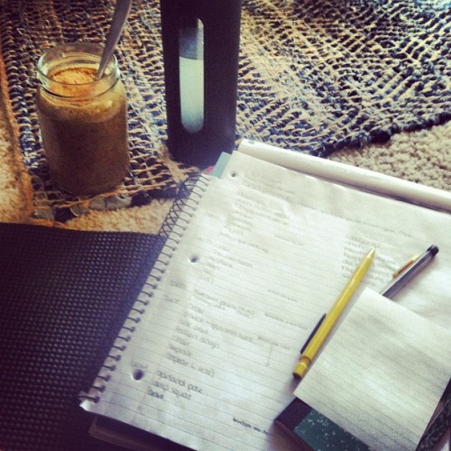 Sequencing a Crow Flow for this week’s classes with a little help from my mat, ACV water and a