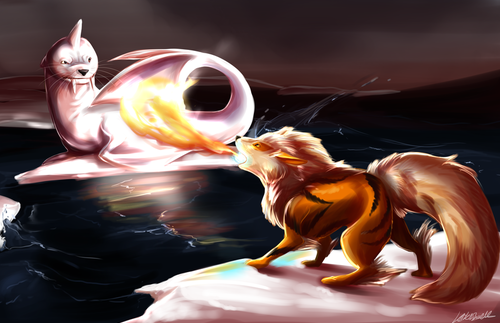 alternative-pokemon-art:  Artist Arcanine battling by request.