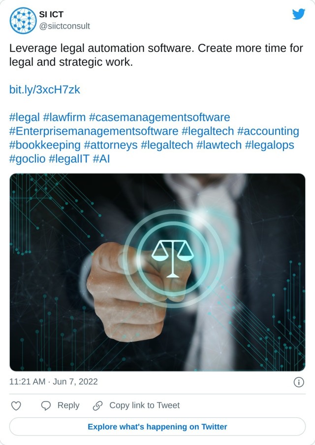 Leverage legal automation software. Create more time for legal and strategic work.https://t.co/bMS9Z5y0bH#legal #lawfirm #casemanagementsoftware #Enterprisemanagementsoftware #legaltech #accounting #bookkeeping #attorneys #legaltech #lawtech #legalops #goclio #legalIT #AI pic.twitter.com/68Sa7KpT0E — SI ICT (@siictconsult) June 7, 2022