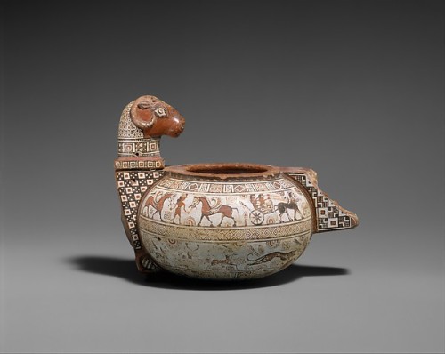 ancientpeoples:Ceramic cosmetic vessel The vessel is finely decorated on both sides with three friez