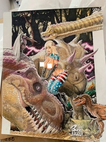 “Forbidden Dinowoman Patriotika” by Budd Root, for Patriotika United 2 Kickstarter