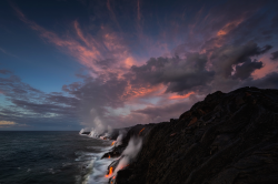 nubbsgalore:  as mentioned in these previous posts, kilauea, a flat broad shield volcano, has erupted continuously from its pu’u o’o vent since 1983, growing the island by about 42 acres a year as its basaltic lava flow oozes at a speed of fifteen