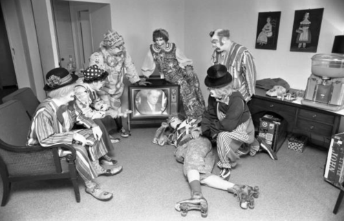 plasmalogical:oldshowbiz:May 1973 - Clowns from the Shrine Circus watching the Watergate Hearingsmy 