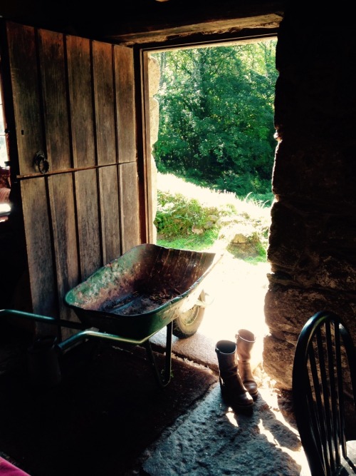 Autumn in a Cornish cottage. Bright, crisp mornings. Bringing in logs from an ancient stone barn for